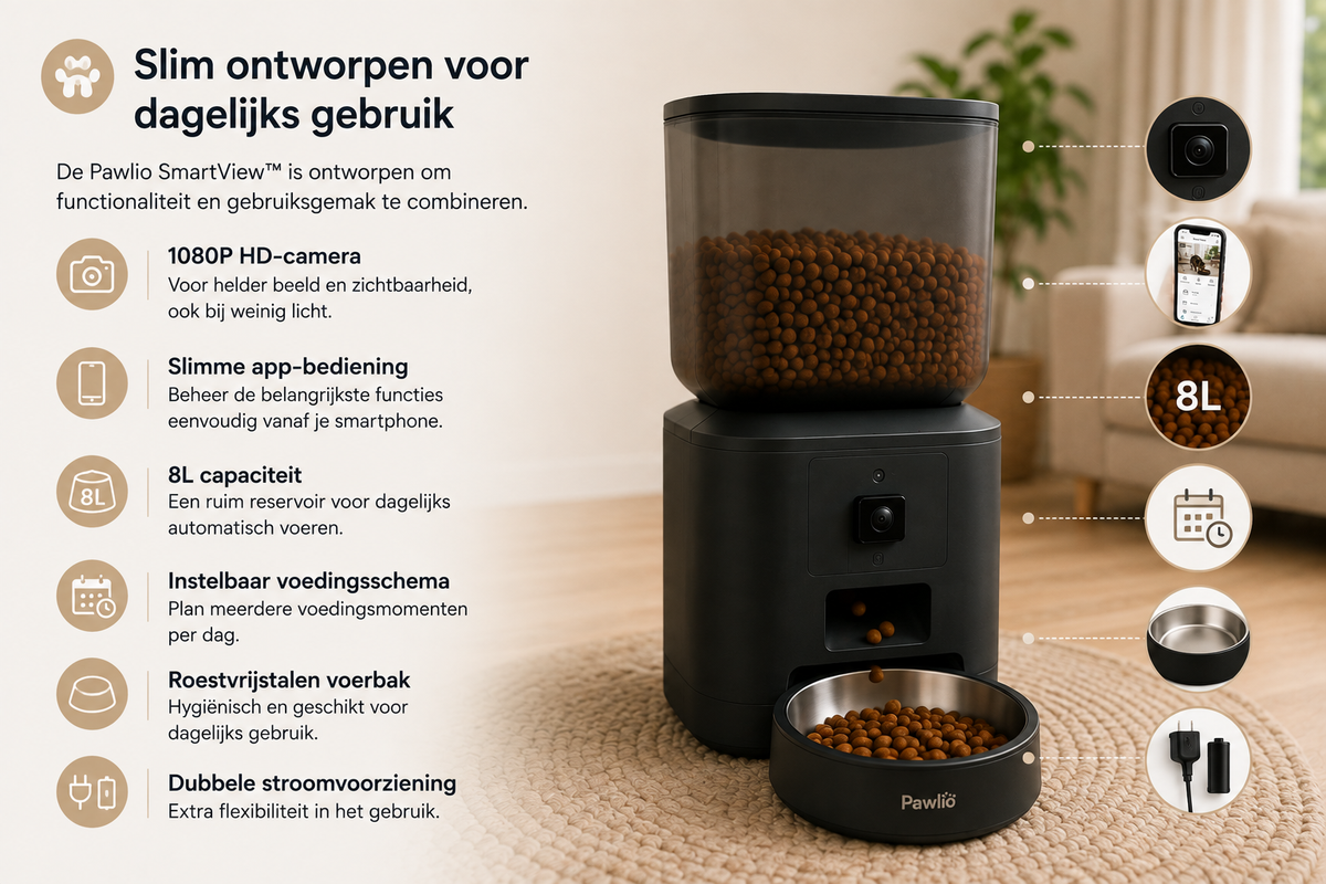 Pawlio SmartView™ automatische voerautomaat met 1080P HD-camera, 8L capaciteit, app-bediening en instelbaar voedingsschema
