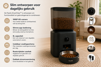 Pawlio SmartView™ automatische voerautomaat met 1080P HD-camera, 8L capaciteit, app-bediening en instelbaar voedingsschema