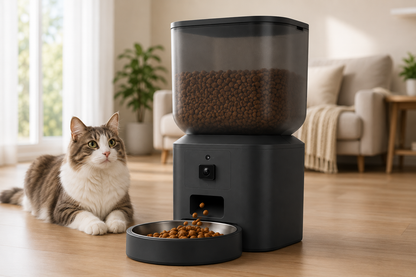Pawlio SmartView slimme voerautomaat met HD-camera naast een kat in een modern interieur