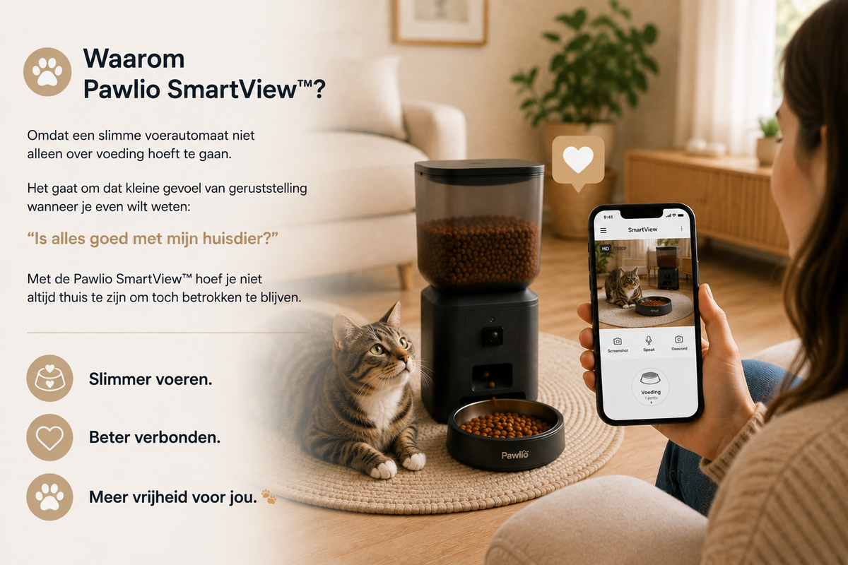 Pawlio SmartView slimme voerautomaat met camera, app-bediening en kat