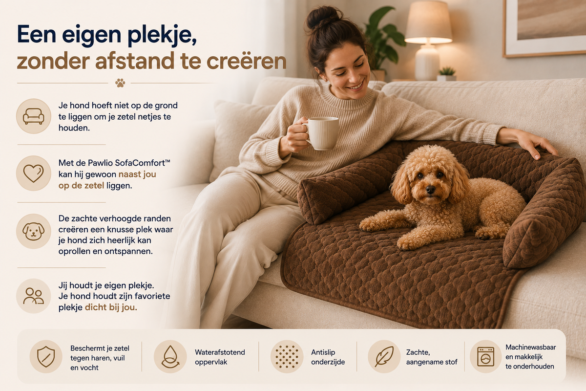 Pawlio SofaComfort hondenbed op de zetel met hond naast zijn baasje