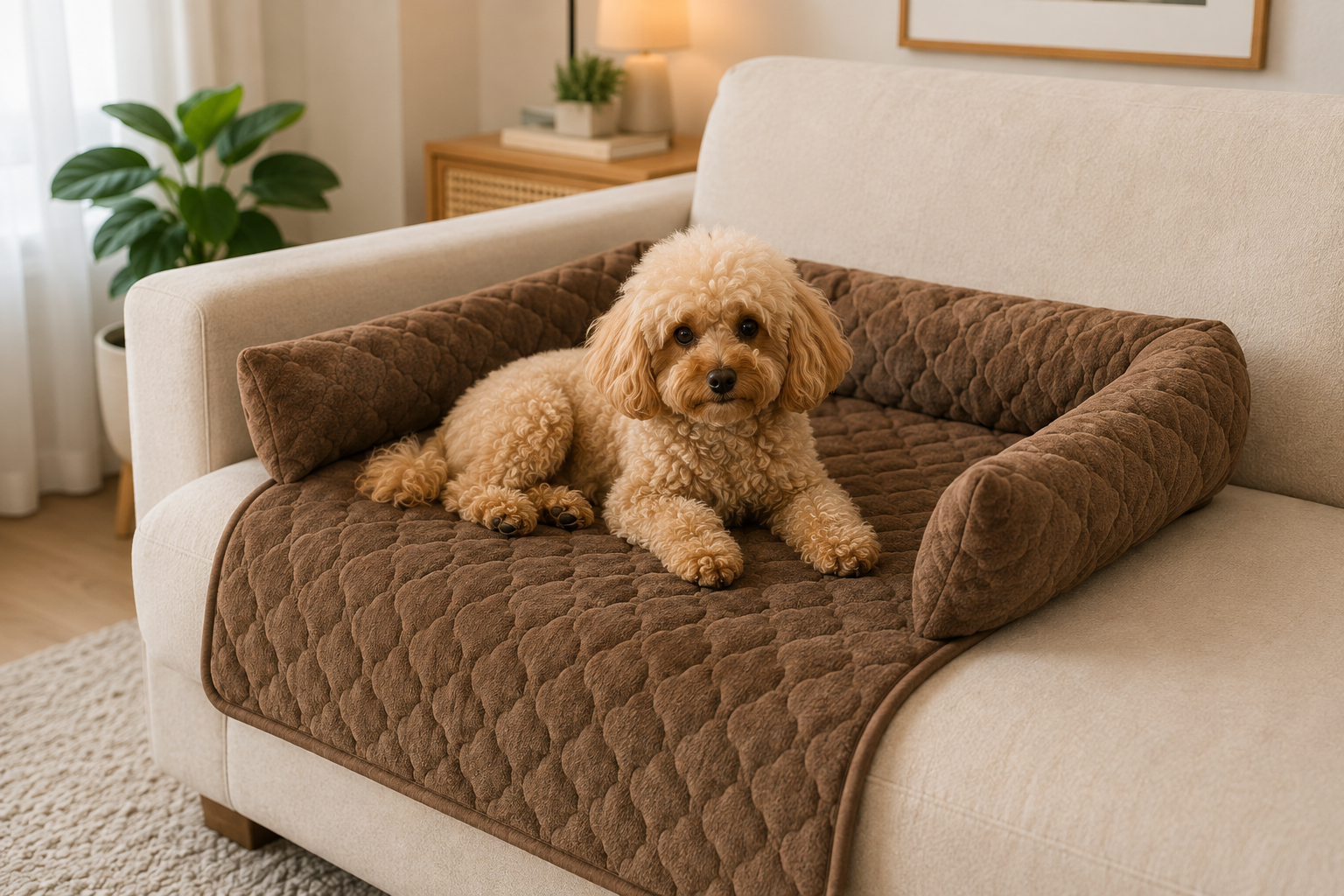 Pawlio SofaComfort hondenbed op de zetel met een ontspannen hond