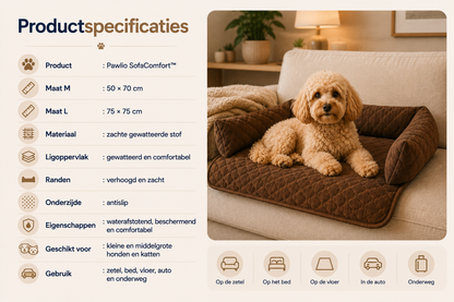 Pawlio SofaComfort hondenbed met productspecificaties, maten M en L, zachte gewatteerde stof en antislip onderzijde