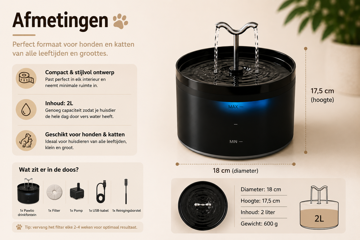 🐾 Pawlio Superstille Drinkfontein – Automatische waterfontein met filter voor katten & honden