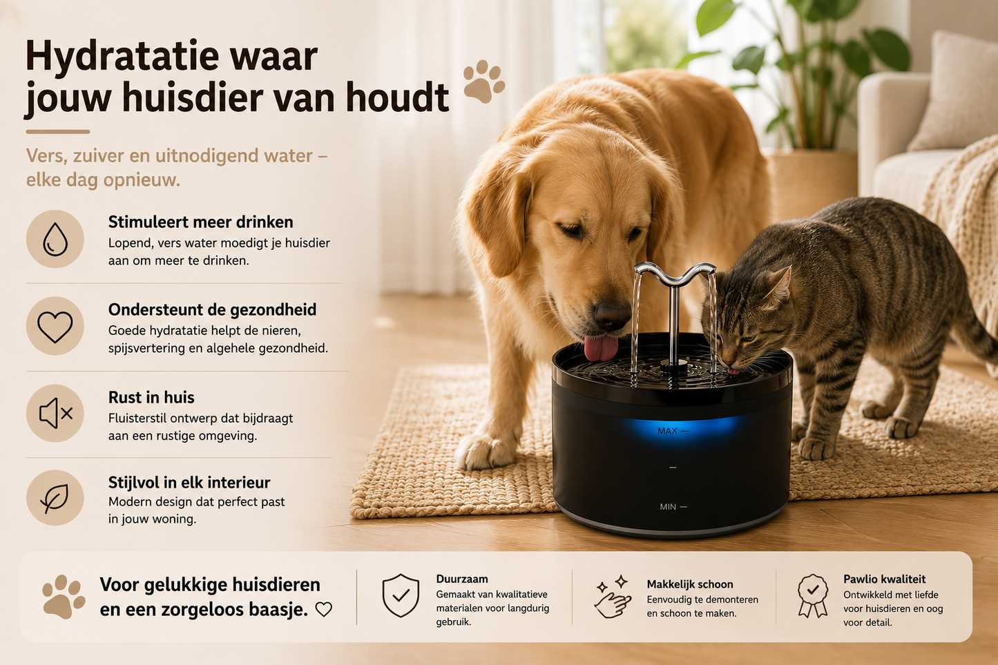 🐾 Pawlio Superstille Drinkfontein – Automatische waterfontein met filter voor katten & honden