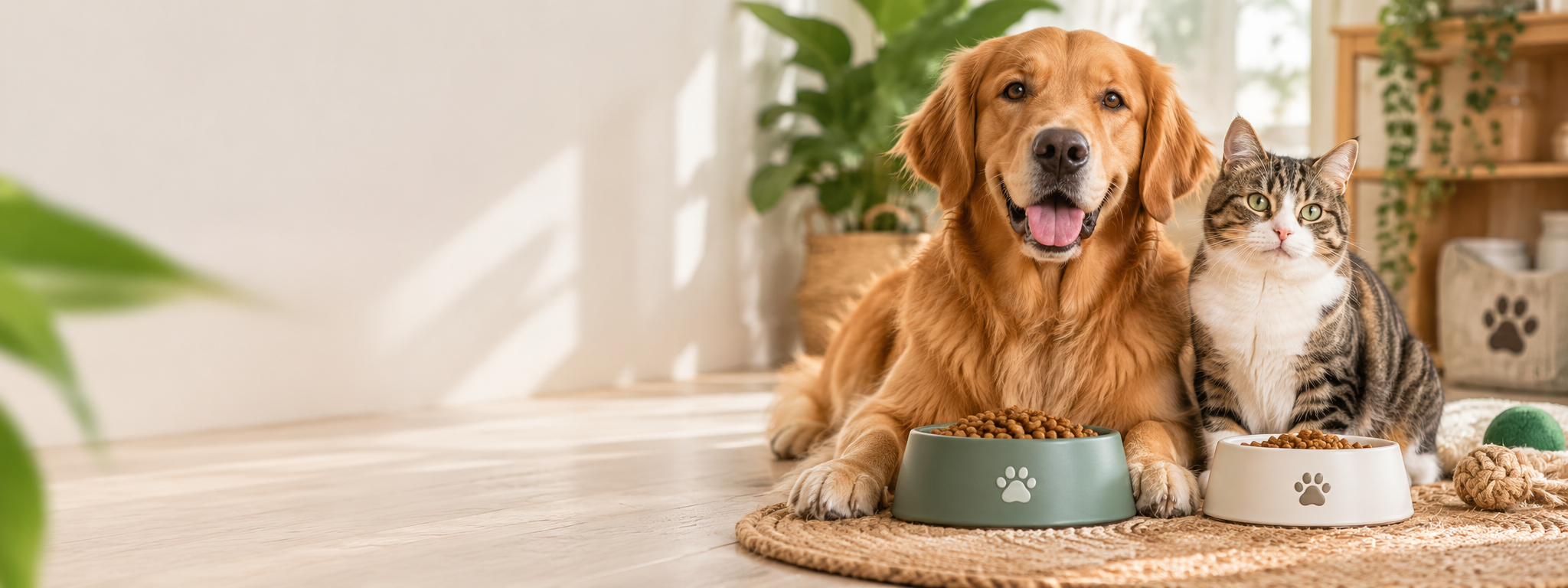 Hond en kat naast hun voerbakken in een warme, huiselijke omgeving
