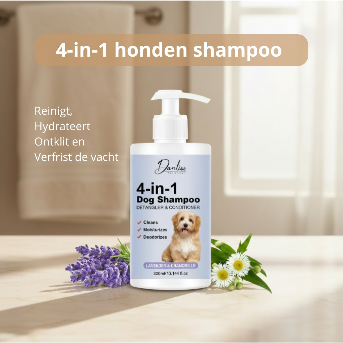 🐾 4-in-1 honden shampoo – reinigt, hydrateert, ontklit en verfrist de vacht