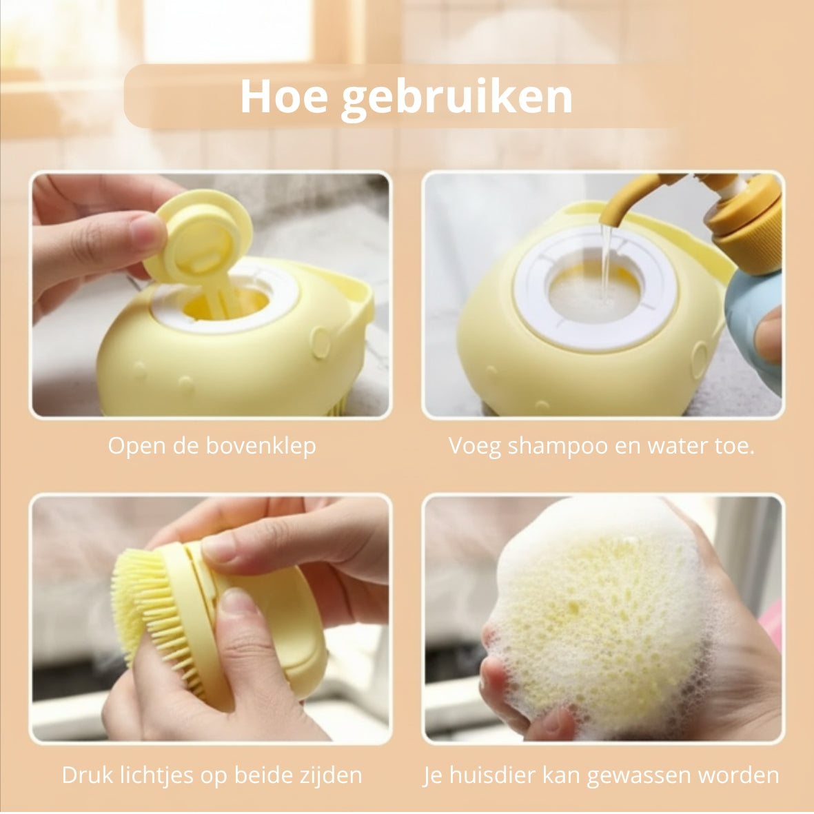 🐾 Zachte wasborstel met shampoodispenser – 2-in-1 was -en massageborstel voor honden en katten
