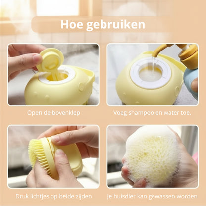 🐾 Zachte wasborstel met shampoodispenser – 2-in-1 was -en massageborstel voor honden en katten