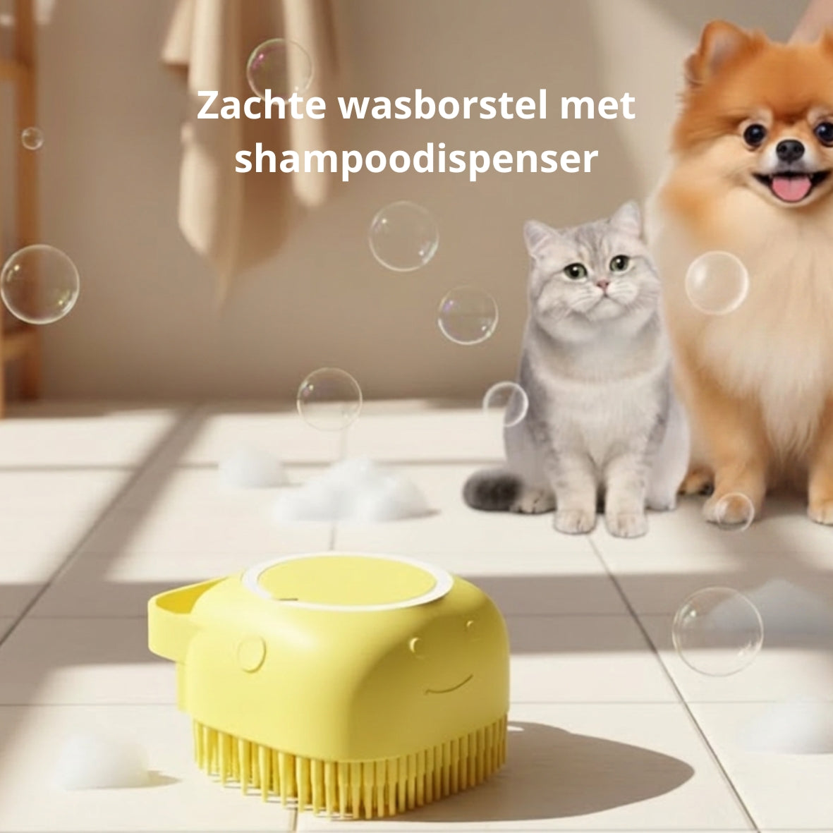 🐾 Zachte wasborstel met shampoodispenser – 2-in-1 was -en massageborstel voor honden en katten