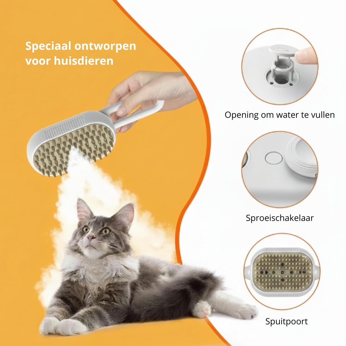 🐾 Stoomborstel voor honden en katten – elektrische 3-in-1 spray- en massageborstel