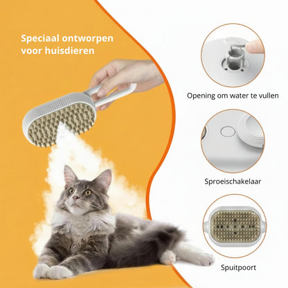 🐾 Stoomborstel voor honden en katten – elektrische 3-in-1 spray- en massageborstel