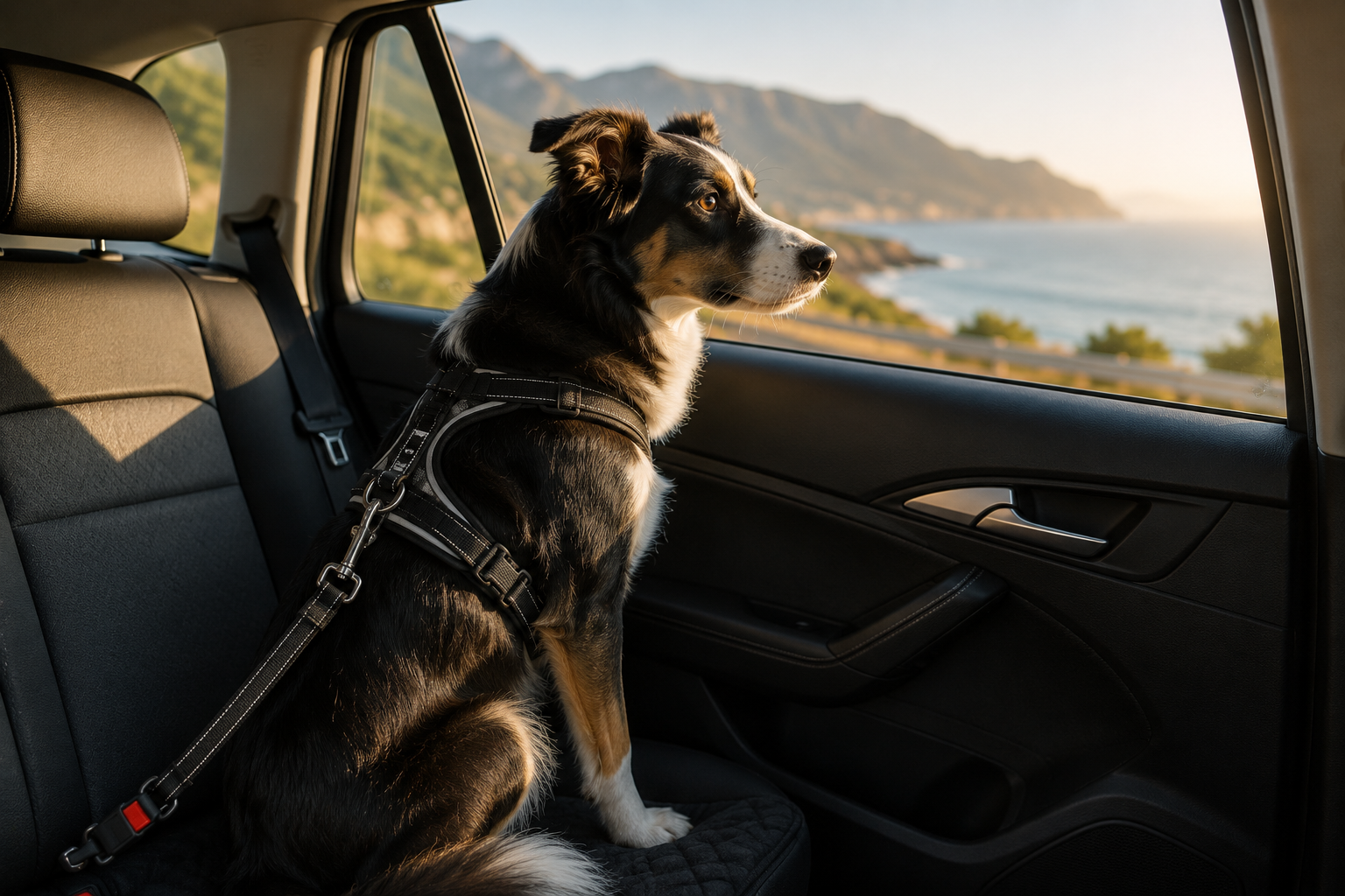 Hond op de achterbank van een auto met veiligheidsharnas en autoriem, kijkend naar buiten tijdens een veilige autorit.