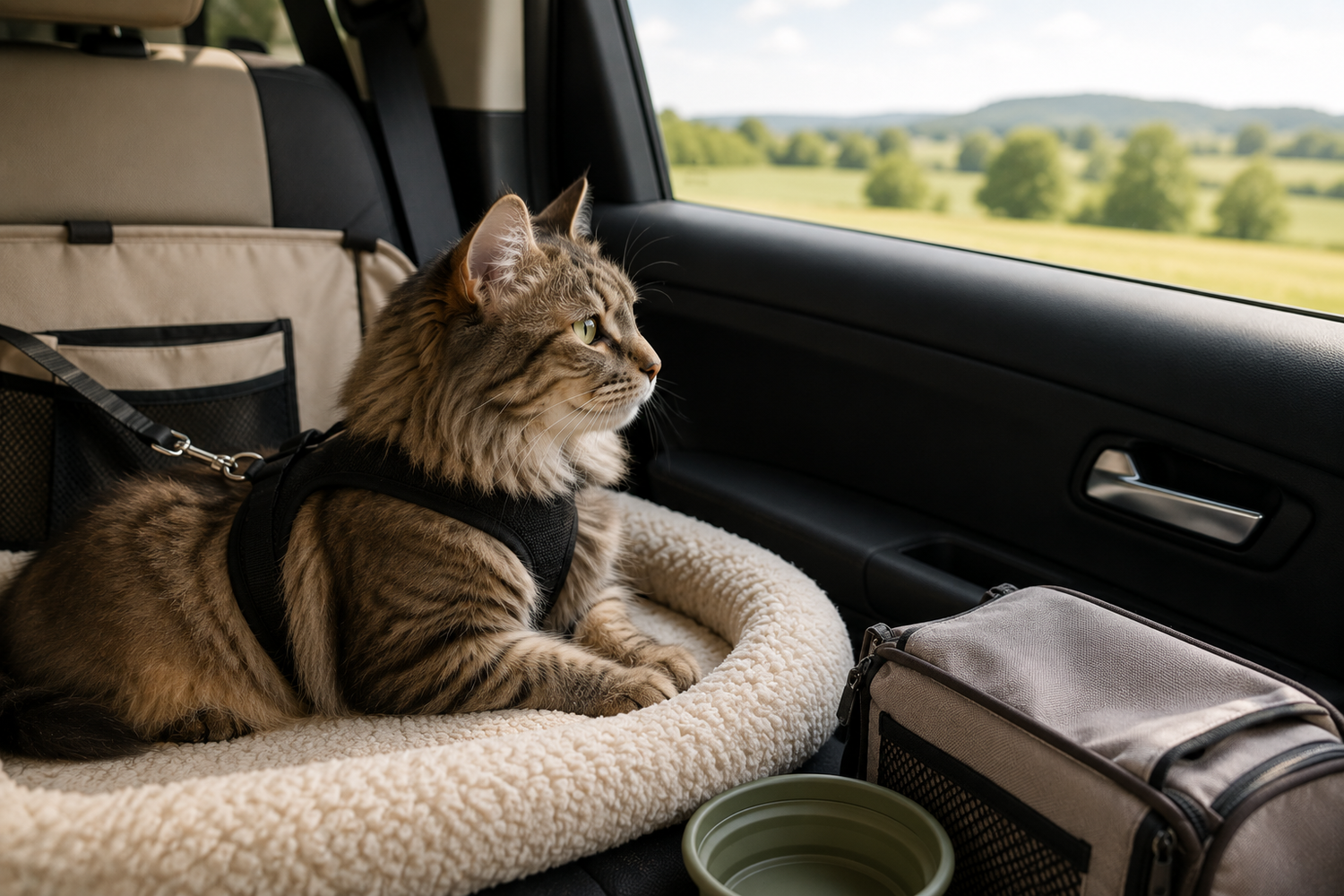 Kat met veiligheidsharnas op een comfortabel reiskussen op de achterbank van een auto, kijkend naar buiten tijdens een veilige autorit.