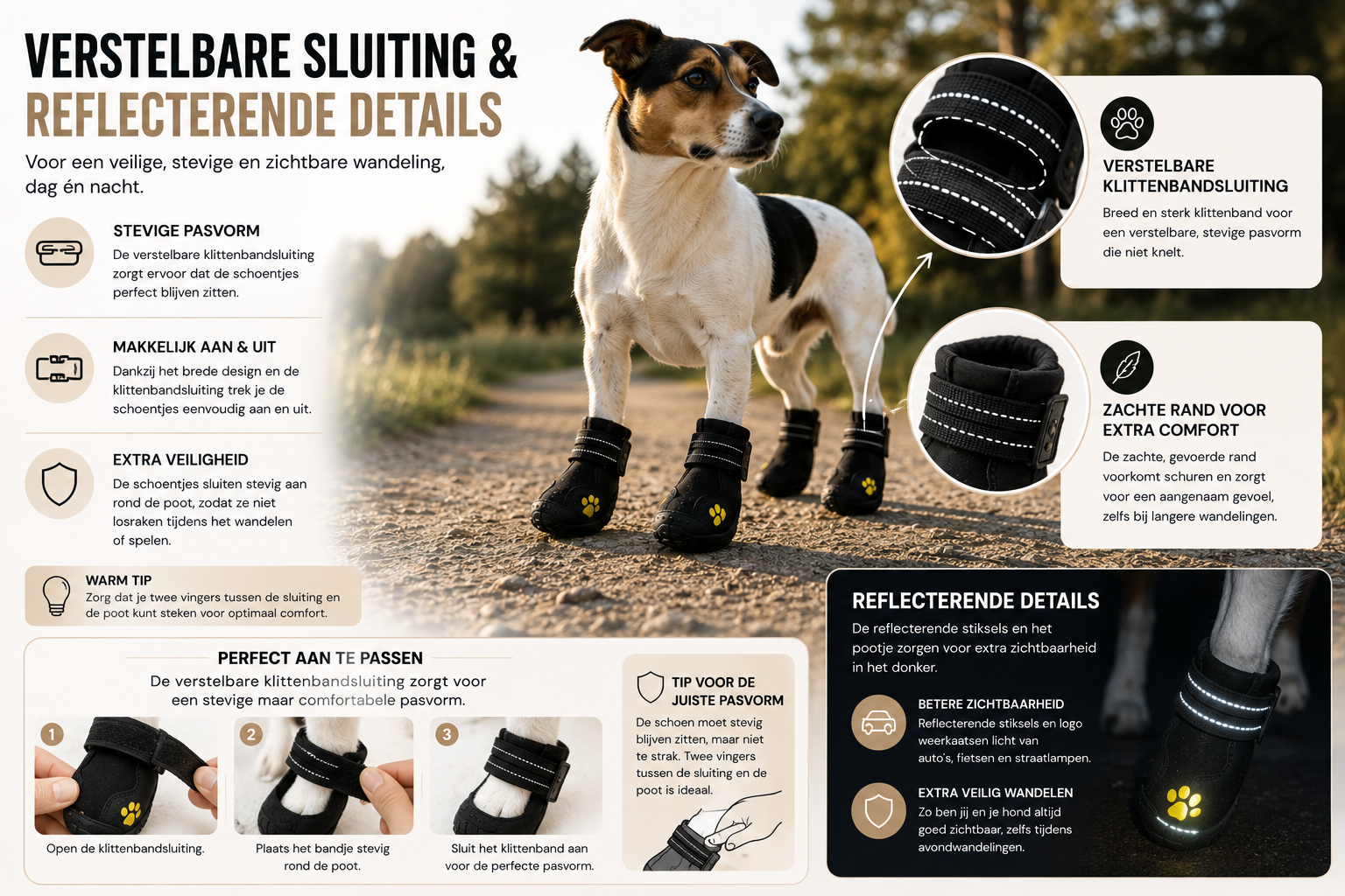 Pawlio PawProtect hondenschoenen met verstelbare klittenbandsluiting en reflecterende details zorgen voor een comfortabele pasvorm en extra zichtbaarheid tijdens wandelingen overdag en in het donker.