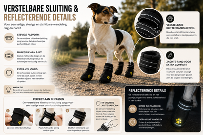 Pawlio PawProtect hondenschoenen met verstelbare klittenbandsluiting en reflecterende details zorgen voor een comfortabele pasvorm en extra zichtbaarheid tijdens wandelingen overdag en in het donker.