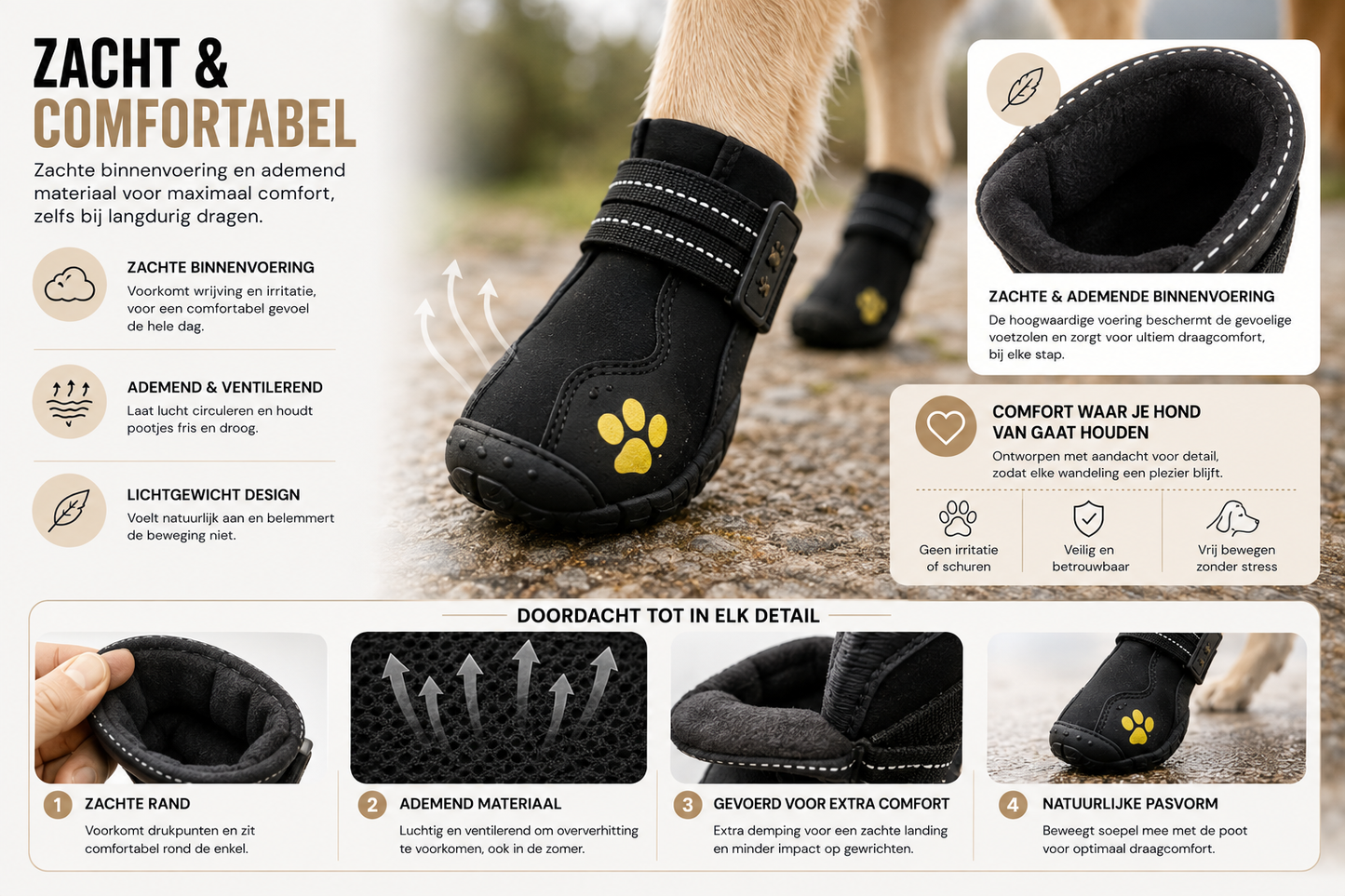 Pawlio PawProtect hondenschoenen met zachte ademende binnenvoering bieden langdurig draagcomfort, verminderen wrijving en beschermen gevoelige hondenpoten tijdens elke wandeling.