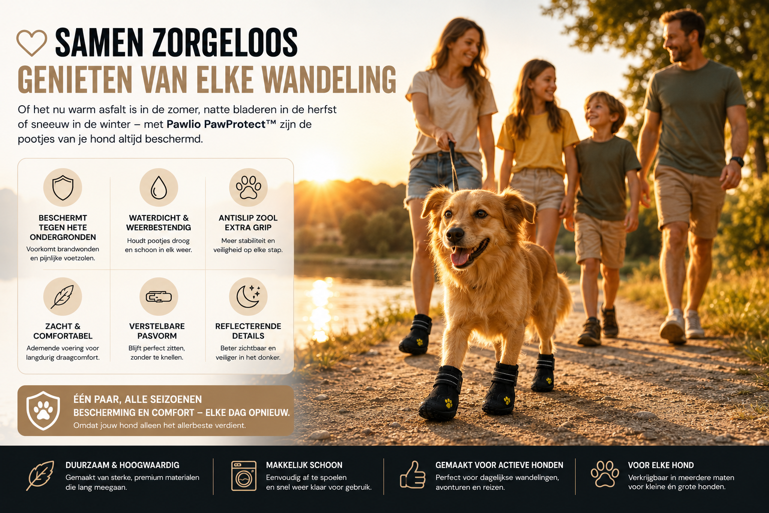 Gezin geniet van een zorgeloze wandeling terwijl hun hond Pawlio PawProtect hondenschoenen draagt voor bescherming tegen hete, koude en ruwe ondergronden in elk seizoen.